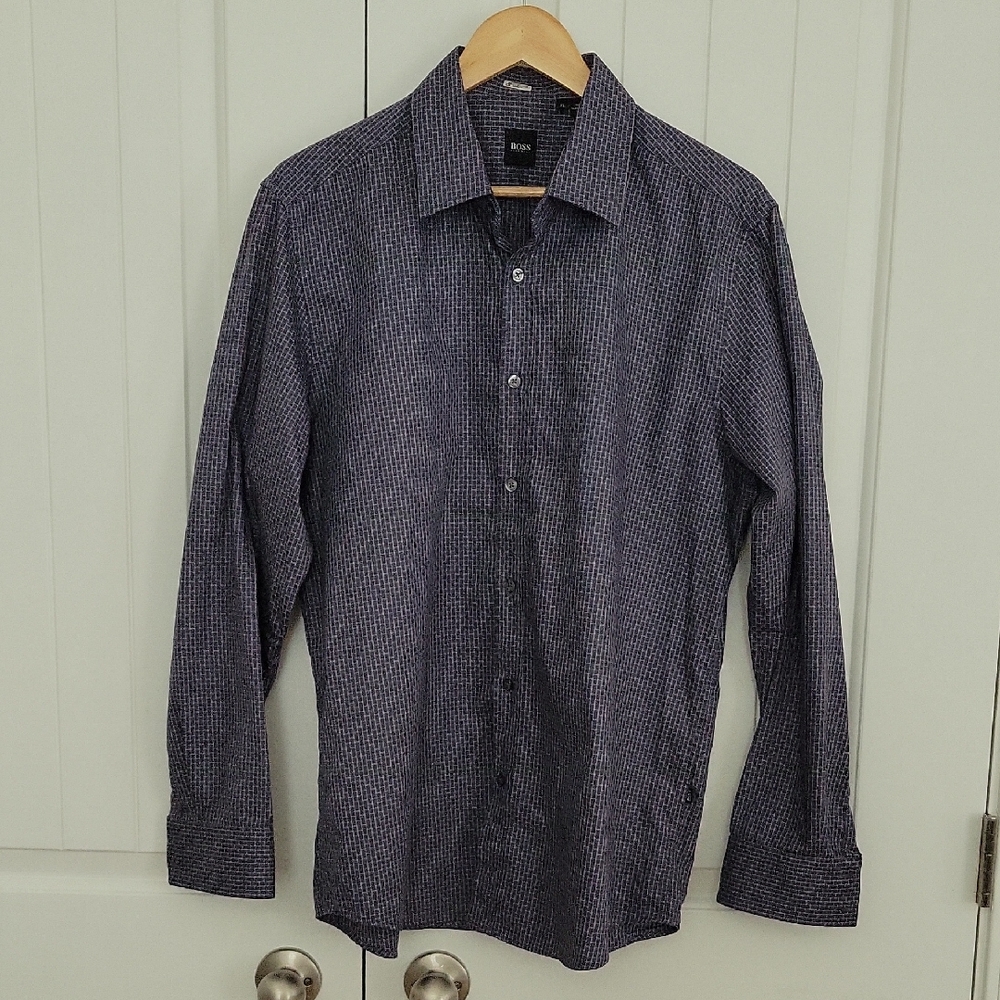 Hugo Boss Men's Navy Checkered Button-Down Shirt